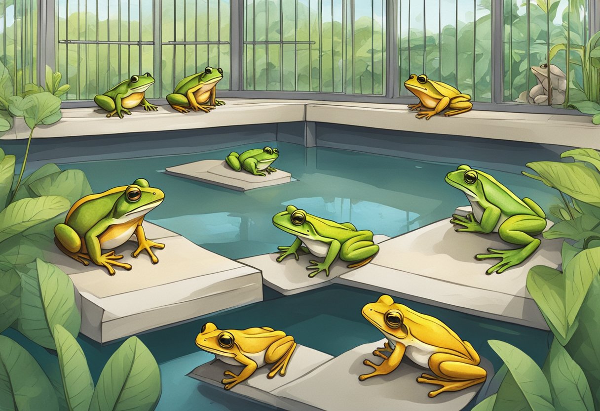 A group of colorful frogs sit in individual enclosures at the frog farm in Singapore, with a sign reading "Frequently Asked Questions" above them