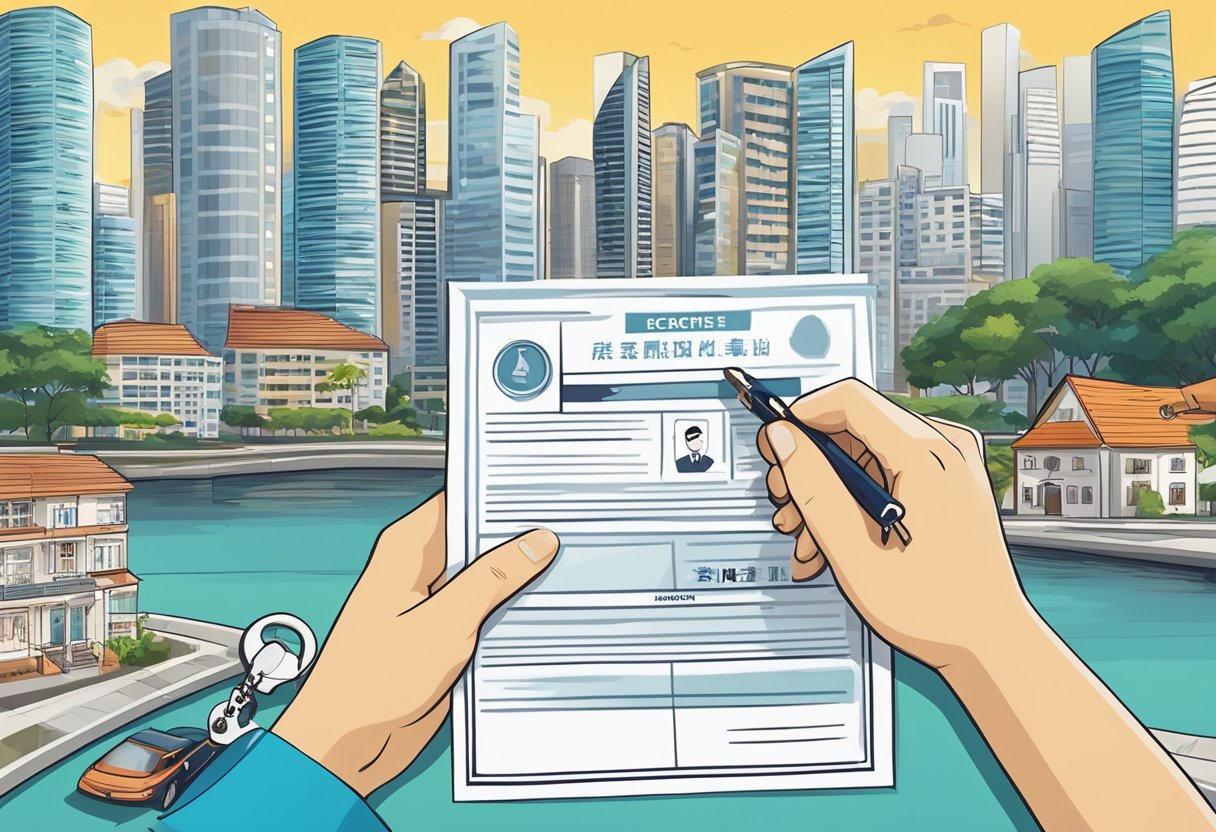 A person receiving a property agent license in Singapore, with a certificate and keys in hand, surrounded by real estate symbols and a city skyline