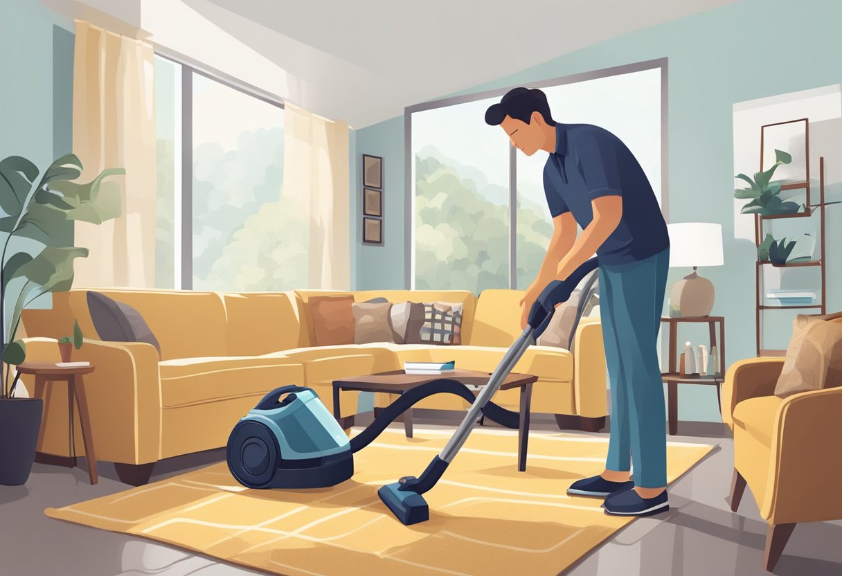 A person using a vacuum cleaner to clean the fabric of a recliner sofa in a well-lit living room