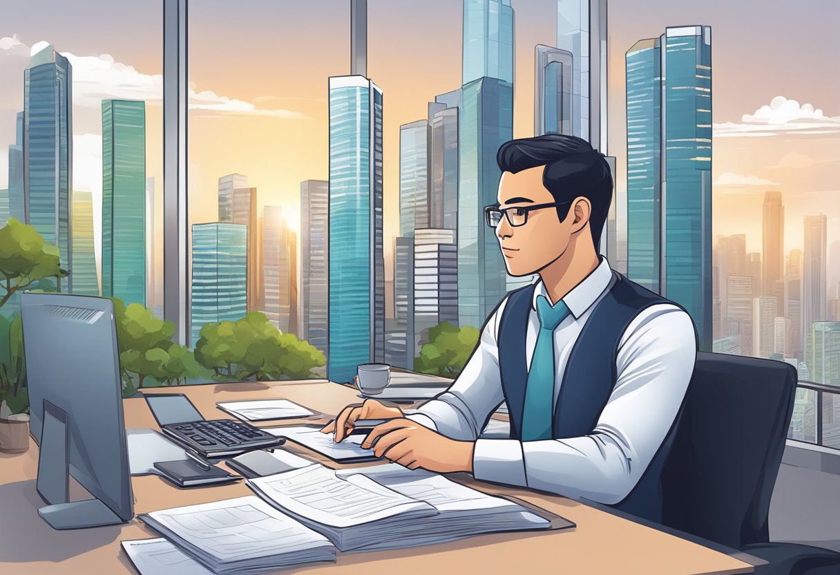 A property agent in Singapore answering questions at a desk with a computer and phone, surrounded by brochures and a city skyline in the background
