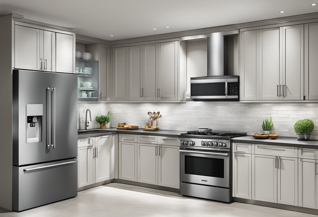 A modern kitchen with a sleek Rinnai Singapore gas stove and hood, surrounded by stainless steel appliances and a clean, minimalist design