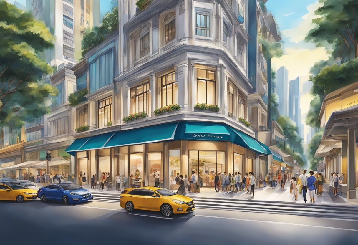 A bustling street in Singapore with a prominent Salvatore Ferragamo storefront, surrounded by modern architecture and vibrant city life