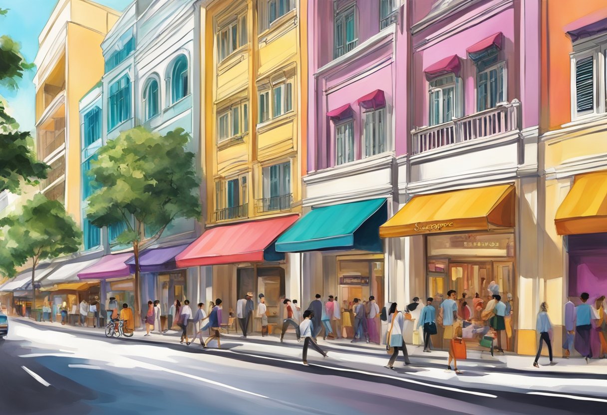 A bustling street in Singapore, with the iconic Salvatore Ferragamo storefront standing out among the vibrant colors and bustling energy of the city