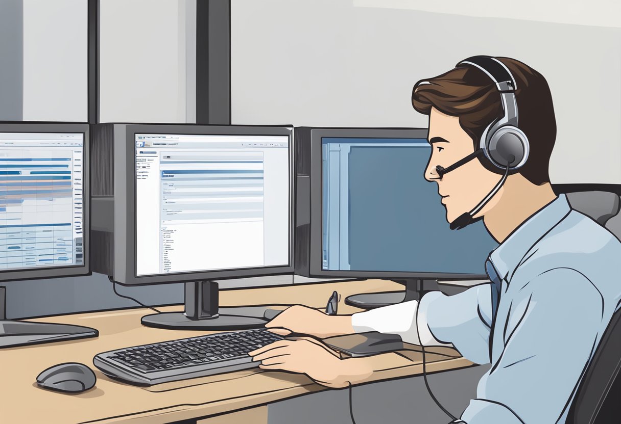 A customer service representative answering queries on a computer screen with the Rinnai logo in the background