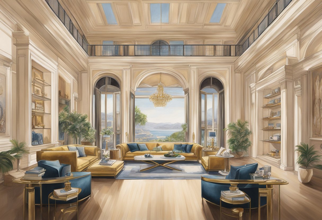A luxurious display of Salvatore Ferragamo's iconic designs and history, set against a backdrop of elegant architecture and sophisticated interior decor