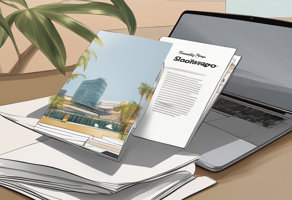 A table with a stack of brochures, a laptop, and a sign reading "Frequently Asked Questions Salvatore Ferragamo Singapore."