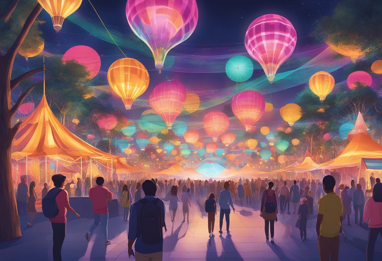 Vibrant lights illuminate the night, casting a colorful glow over the festival grounds. Giant installations and interactive displays captivate the crowd, creating a mesmerizing atmosphere