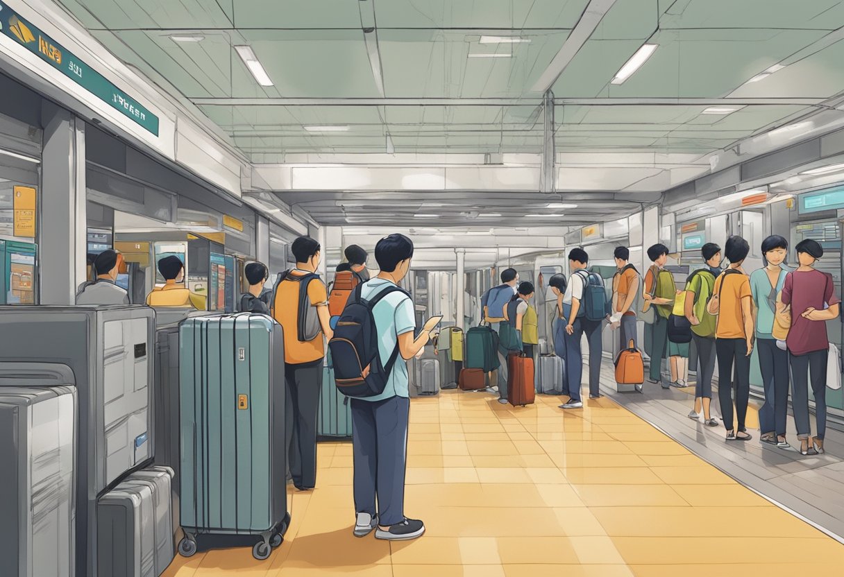 A traveler examines various storage options in a bustling Singapore train station. Lockers, shelves, and attendants are all part of the scene