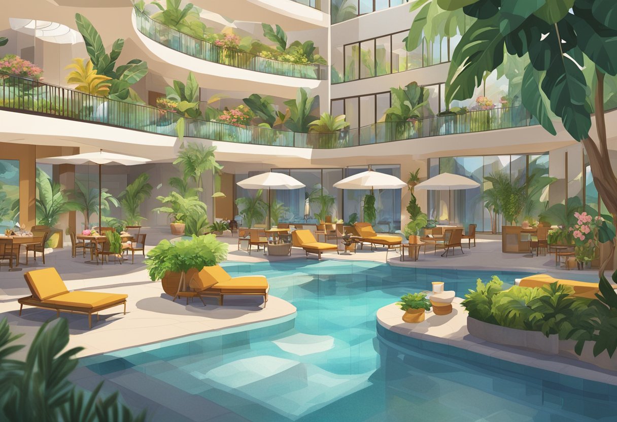 The hotel lobby is bustling with guests checking in, while others relax in the cozy lounge area. The swimming pool glistens under the sun, surrounded by lush greenery and comfortable poolside loungers