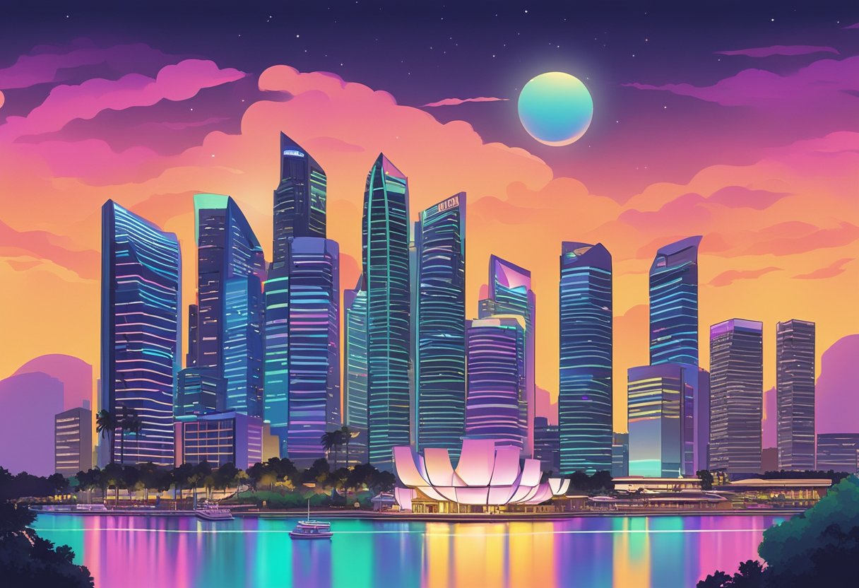 The neon-lit skyline of Singapore reflects off the water as the Maneskin band performs on a stage, their music filling the night air