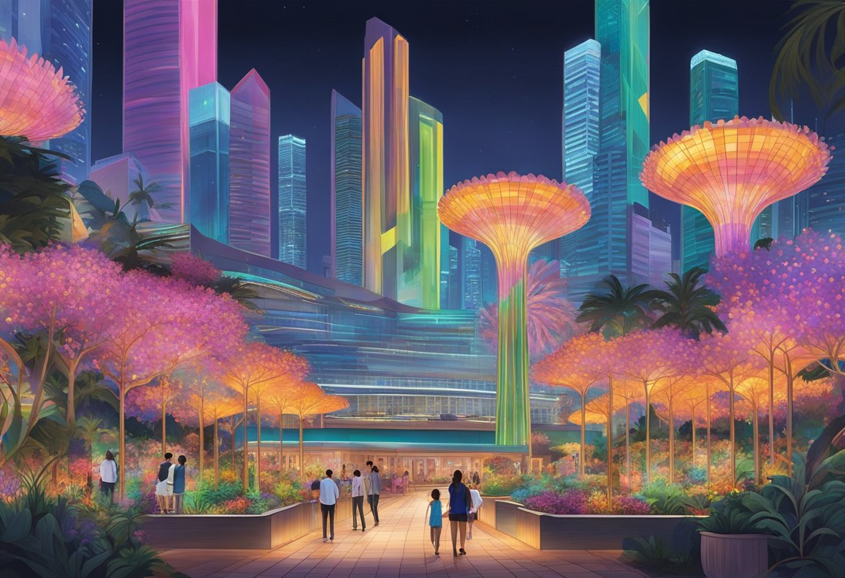 Vibrant light displays illuminate the Singapore skyline, casting a mesmerizing glow across the cityscape. Interactive installations invite visitors to immerse themselves in a dazzling array of colors and patterns