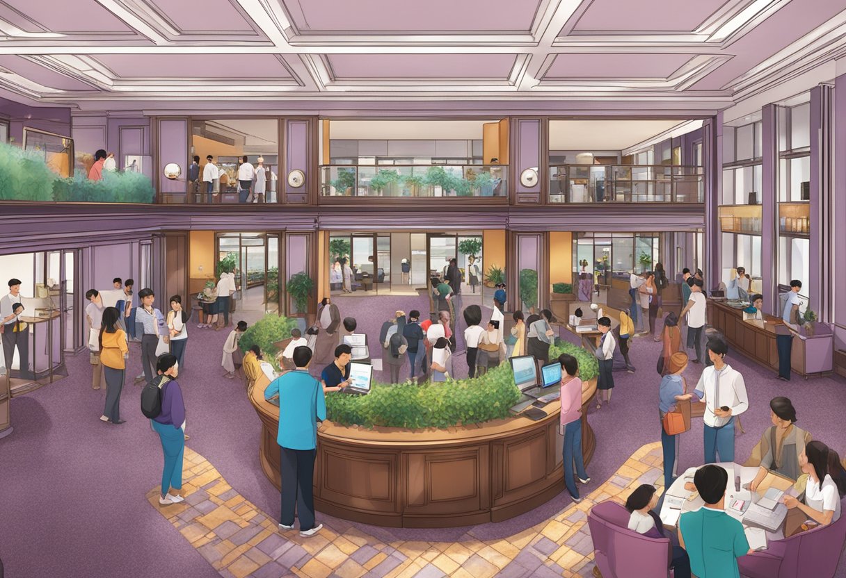 The lobby of Lavender Hotel, Singapore, bustling with guests seeking information at the Frequently Asked Questions desk