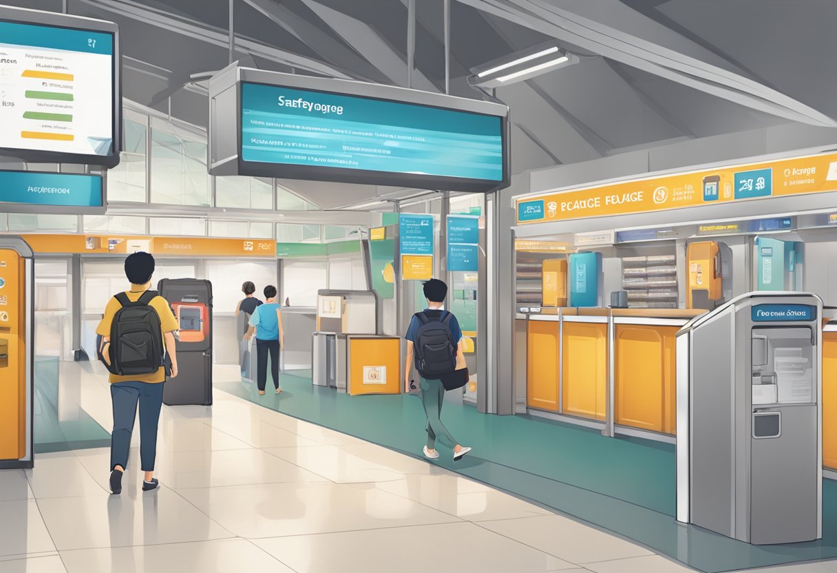 A traveler approaches a kiosk, reading signs for luggage storage in Singapore. Safety information is displayed prominently