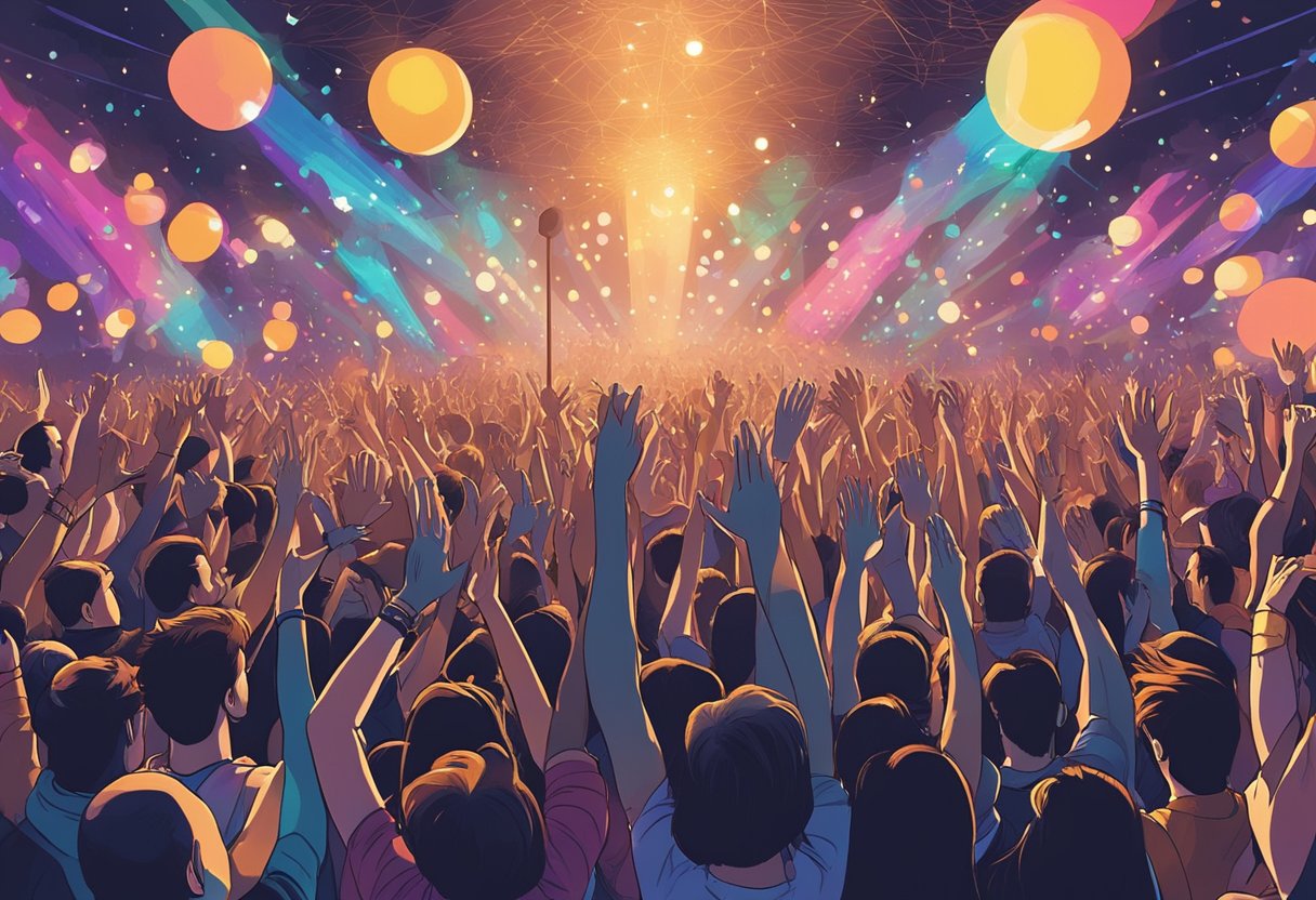 The crowd at the Maneskin concert in Singapore is a sea of waving hands and swaying bodies, with colorful lights illuminating the stage