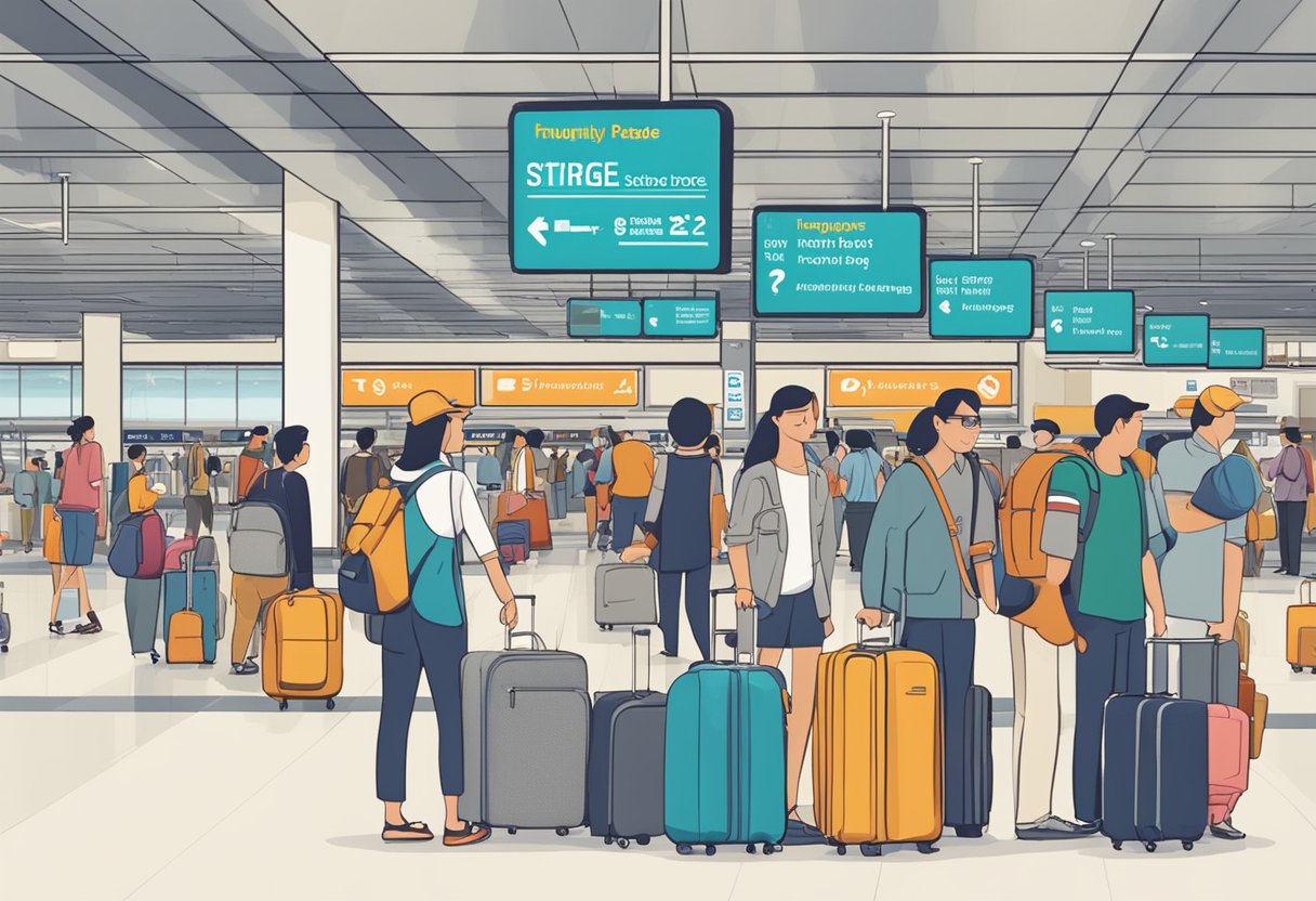 A busy airport terminal with a prominent sign reading "Frequently Asked Questions luggage storage singapore" and a line of travelers waiting to inquire or use the service