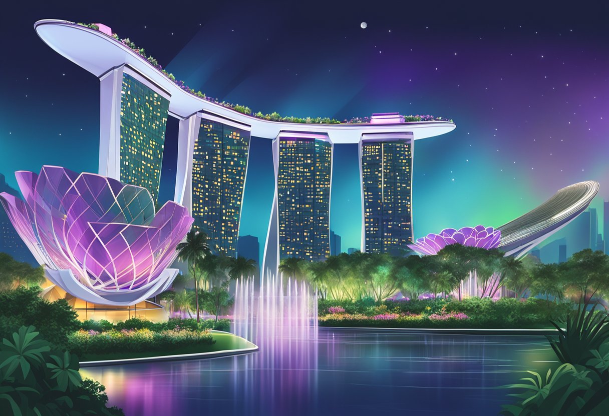 Singapore's iconic skyline is illuminated by the vibrant lights of the Marina Bay Sands and the futuristic architecture of the Supertree Grove at Gardens by the Bay