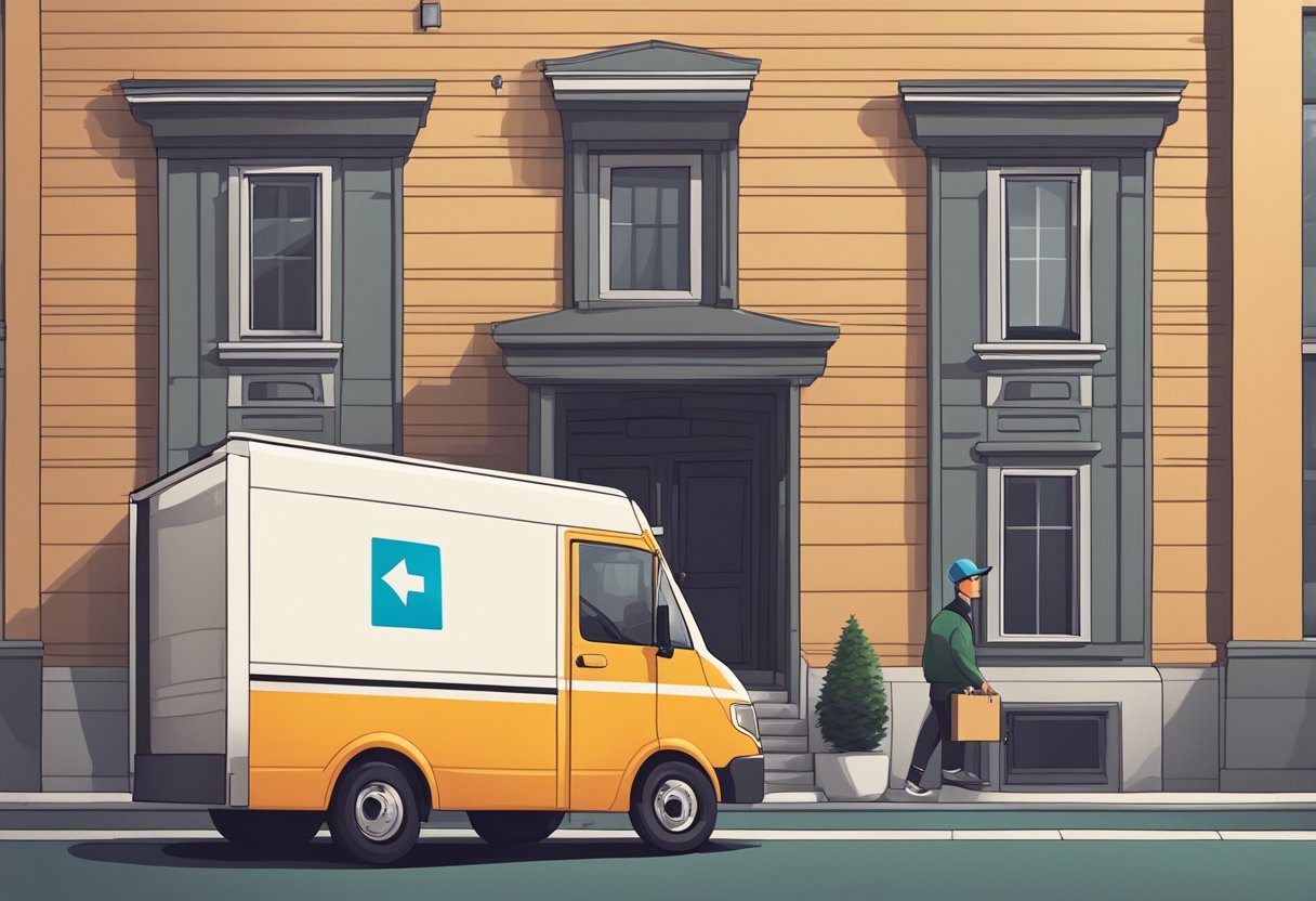 A delivery truck parked outside a residential building, with a delivery person carrying a parcel towards the entrance