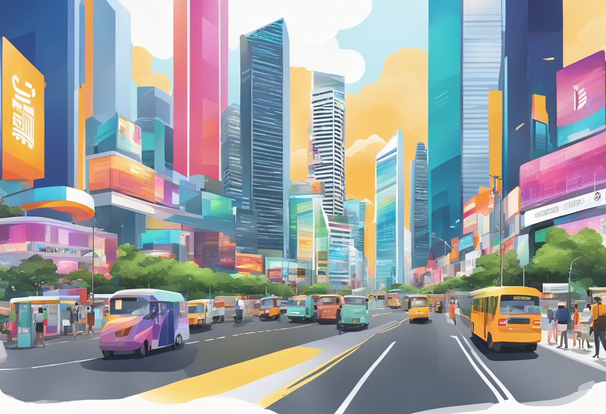 A bustling cityscape with skyscrapers, billboards, and digital screens, reflecting the vibrant media landscape in Singapore