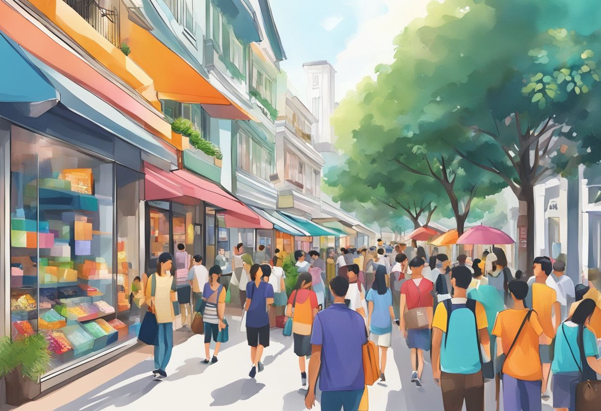 A bustling Singapore street with colorful Esprit storefront and busy shoppers