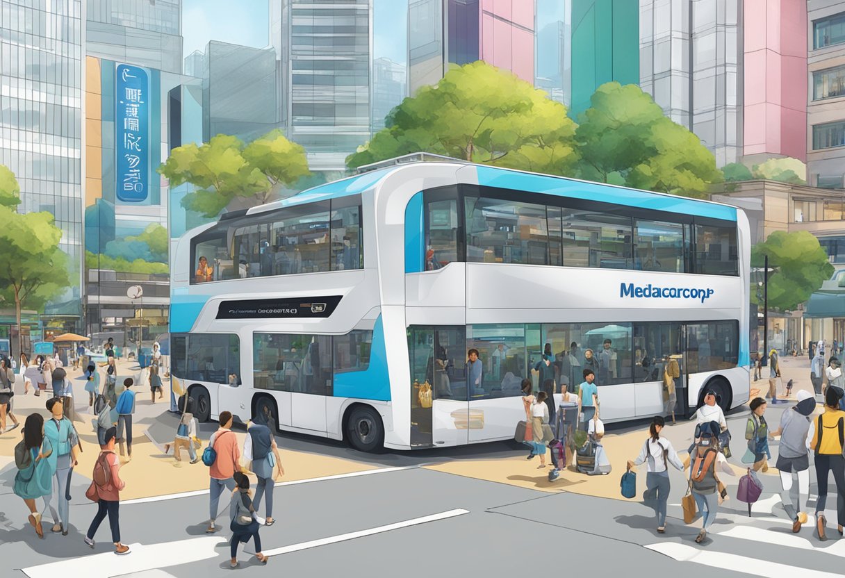 Mediacorp's logo prominently displayed on a bustling city street, with people interacting with various media platforms and engaging with Mediacorp's content