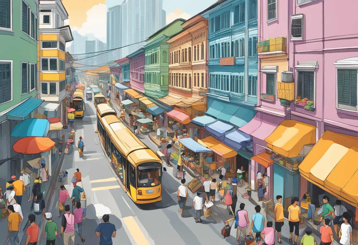 A bustling street in Singapore, with colorful buildings, street vendors, and people going about their day