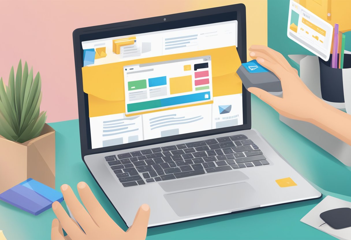 A laptop open on a desk with the EasyParcel website displayed. A person's hand reaches for a parcel next to the laptop