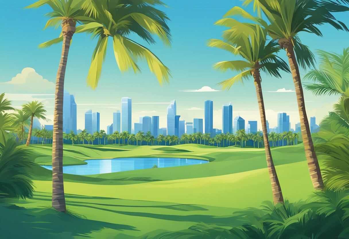 Lush green fairways stretch under a clear blue sky, dotted with palm trees and water hazards, surrounded by modern cityscape