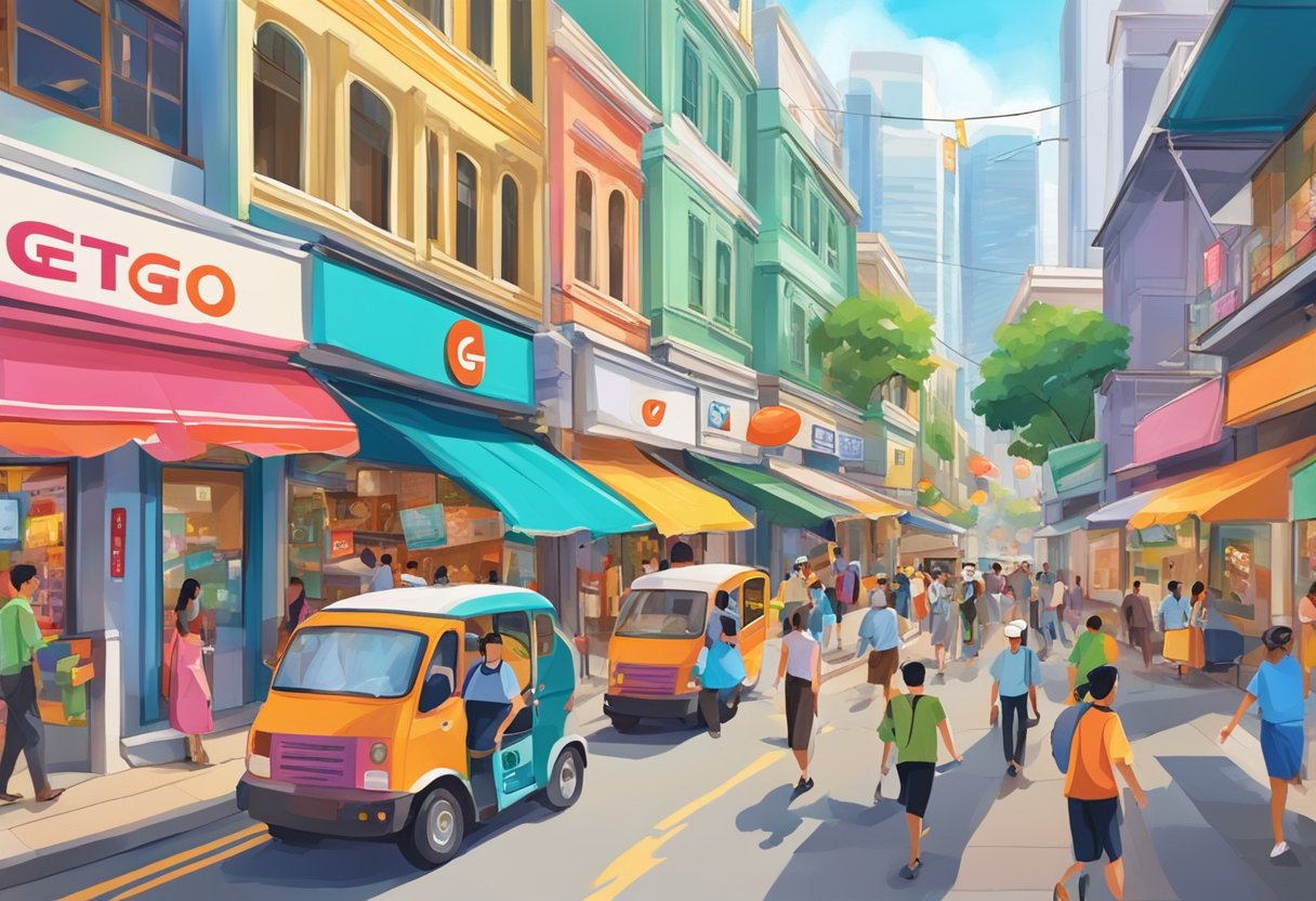 A bustling street in Singapore, with colorful storefronts and busy pedestrians, showcasing the vibrant energy of GetGo