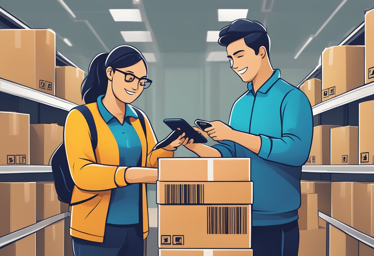 A delivery person scans a barcode on a package, while a customer tracks the shipment on their phone. The Easy Parcel logo is prominently displayed in the background