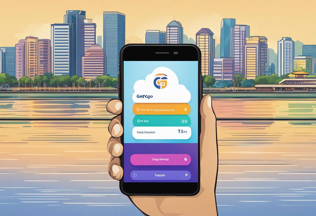 The screen of a smartphone displaying the GetGo app with the Singapore skyline in the background