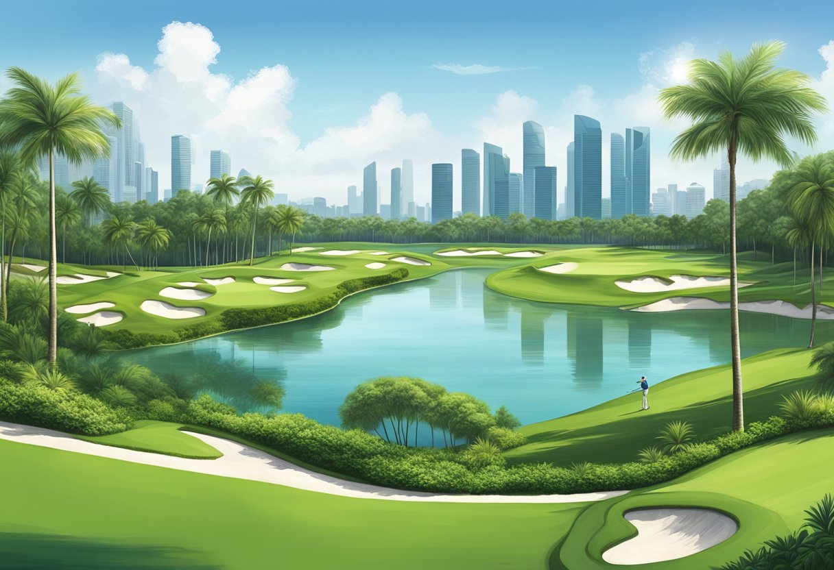 Lush green fairways stretch out under the bright Singapore sun, with palm trees lining the edges and pristine water hazards adding a touch of challenge to the top golf courses in Singapore