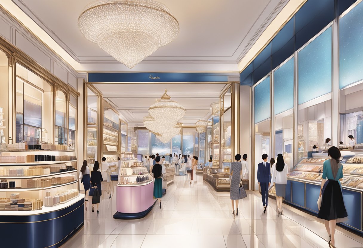 A bustling Guerlain Singapore store with elegant displays and luxurious products, surrounded by chic shoppers and vibrant city lights