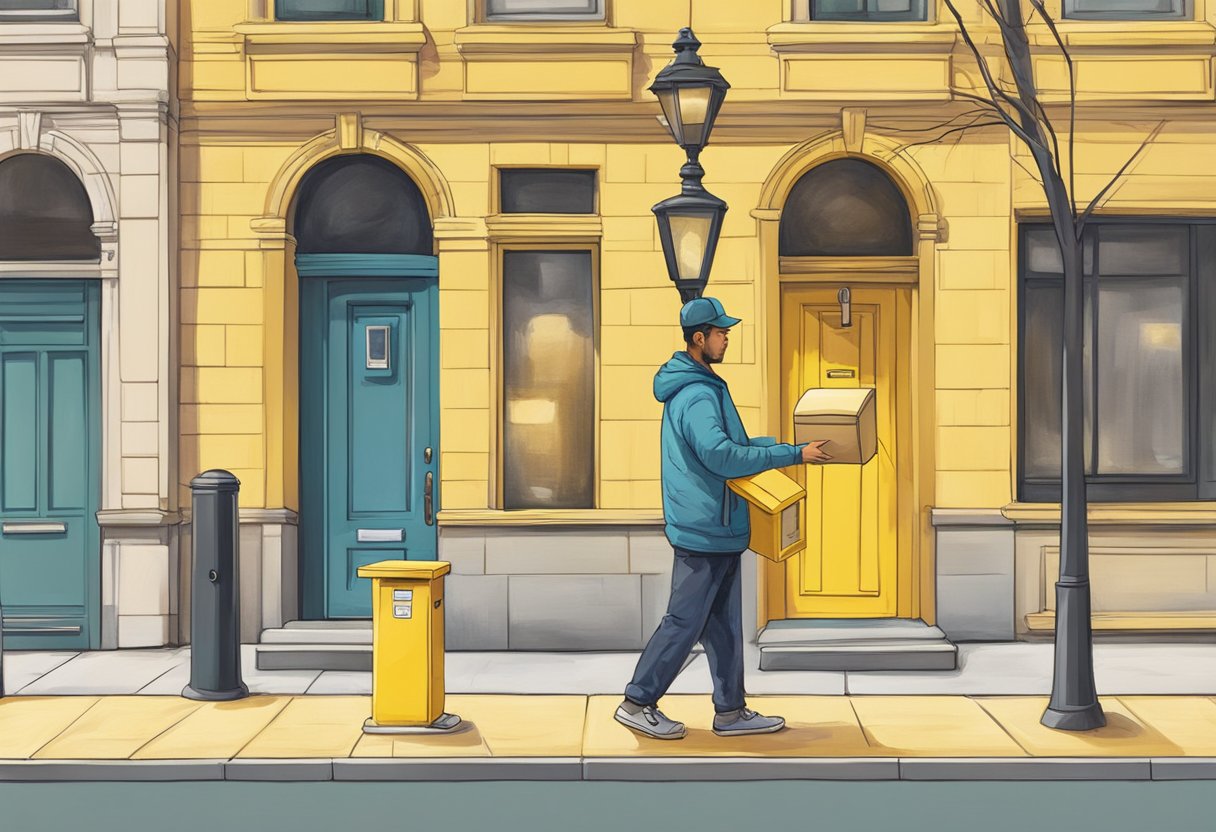 A person placing a small parcel into a yellow mailbox on a city street corner