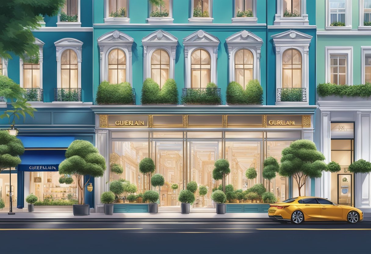 Vibrant cityscape with iconic Guerlain storefront in Singapore. Lush greenery and modern architecture frame the elegant beauty of the luxury brand