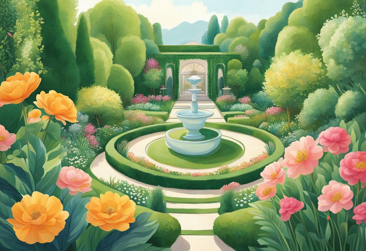 A lush garden with blooming flowers and vibrant greenery, showcasing Guerlain's dedication to natural beauty and sustainability