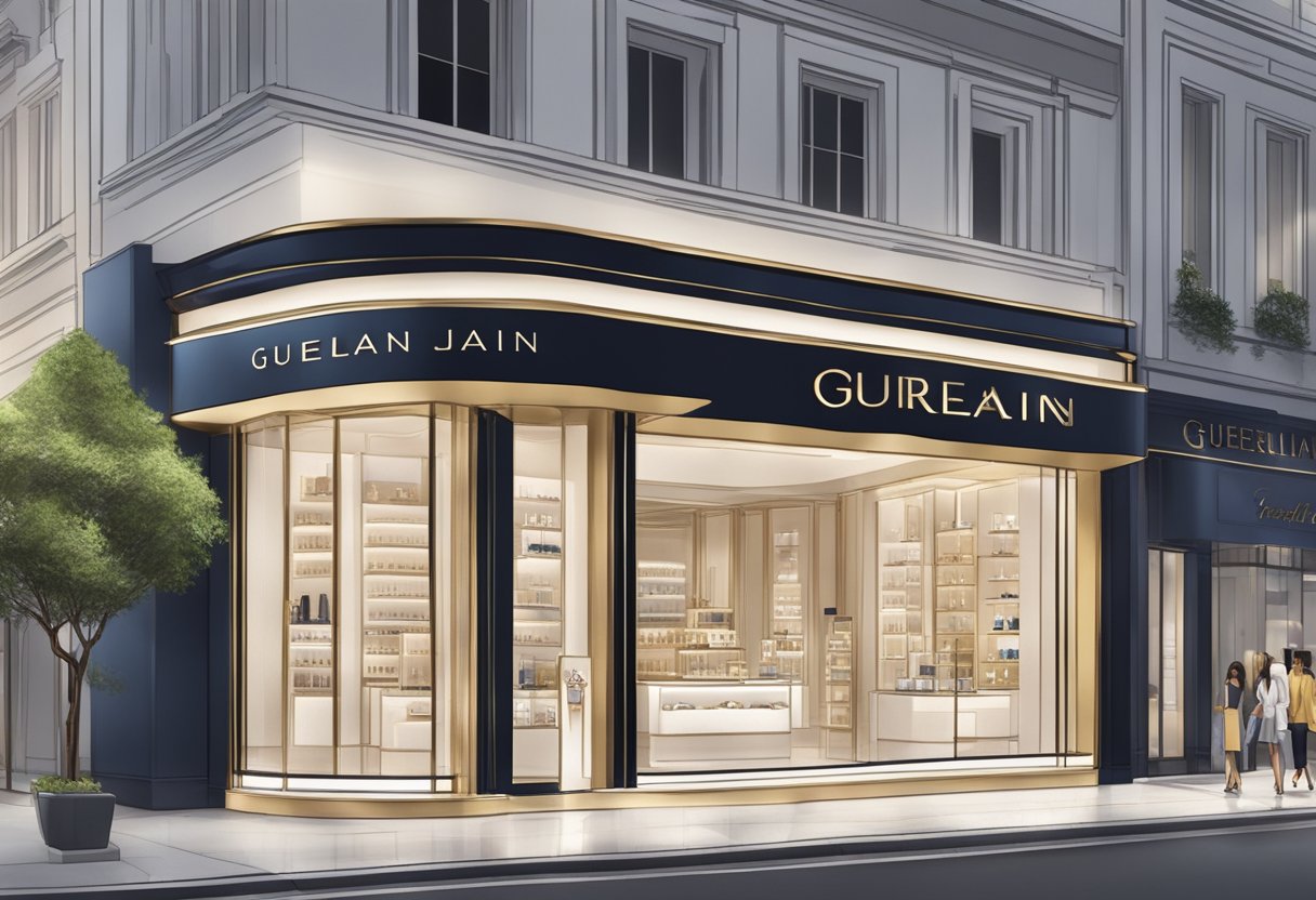 A sleek Guerlain store in Singapore, with a prominent "Frequently Asked Questions" sign displayed in the window