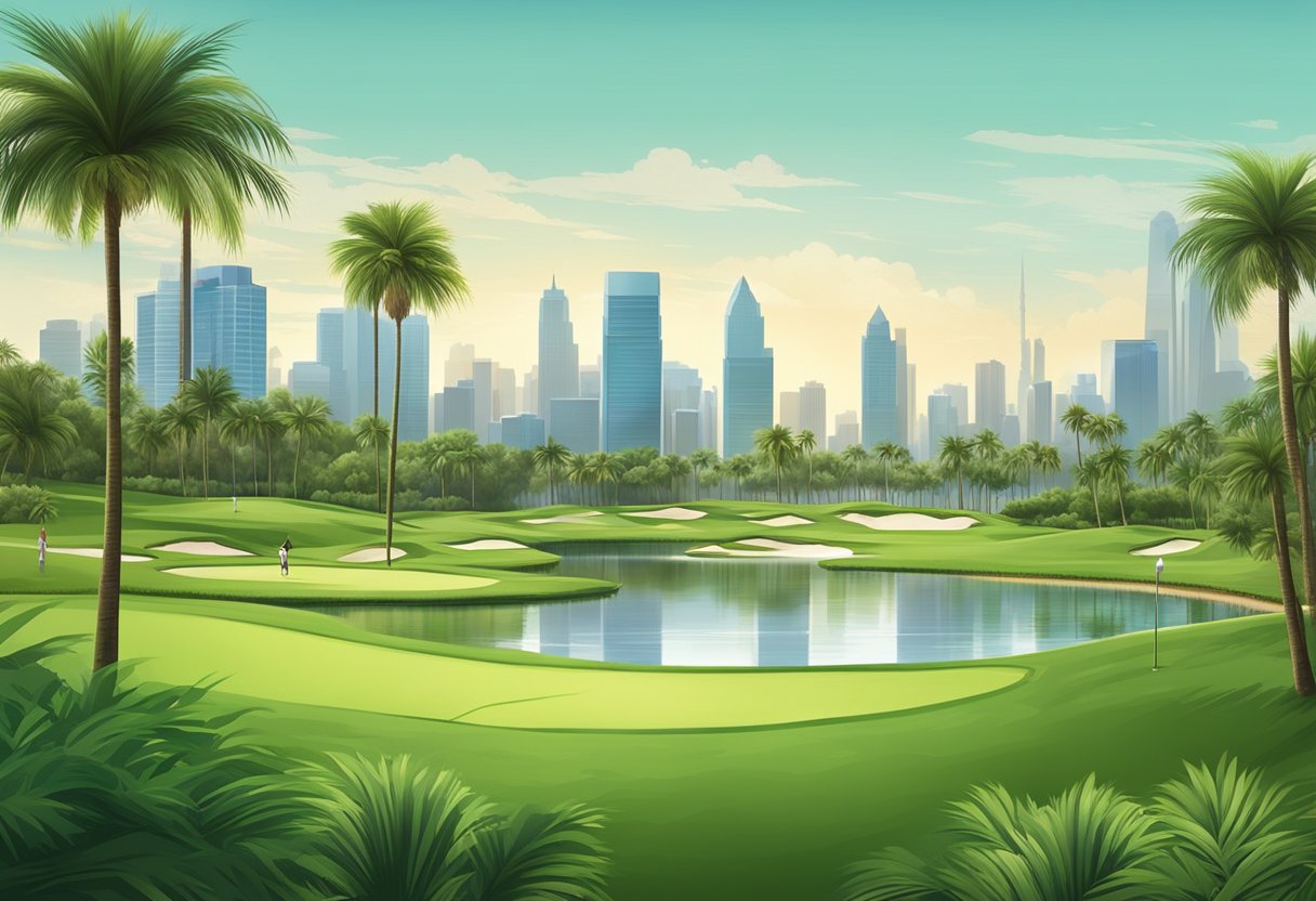 Lush green fairways surrounded by palm trees and water hazards, with a backdrop of modern city skyline