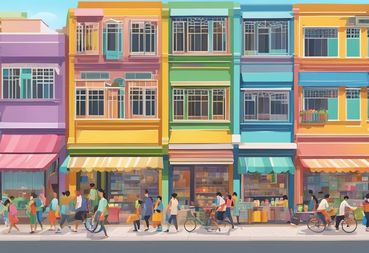 A bustling street in Sengkang, Singapore with colorful shophouses and a vibrant mix of people and cultures