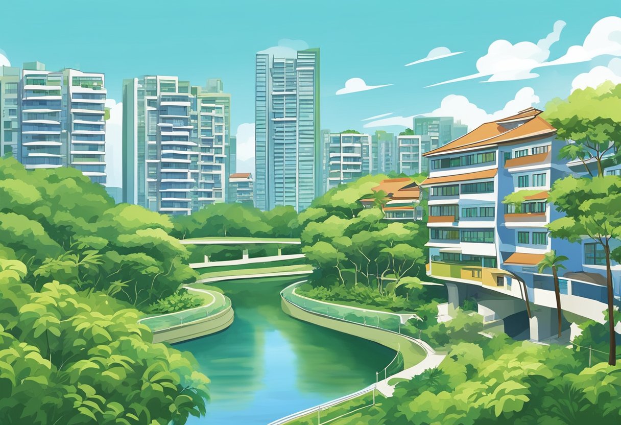 A serene river winds through lush greenery, with colorful HDB buildings in the background. The clear blue sky and calm water create a peaceful atmosphere in Sengkang, Singapore