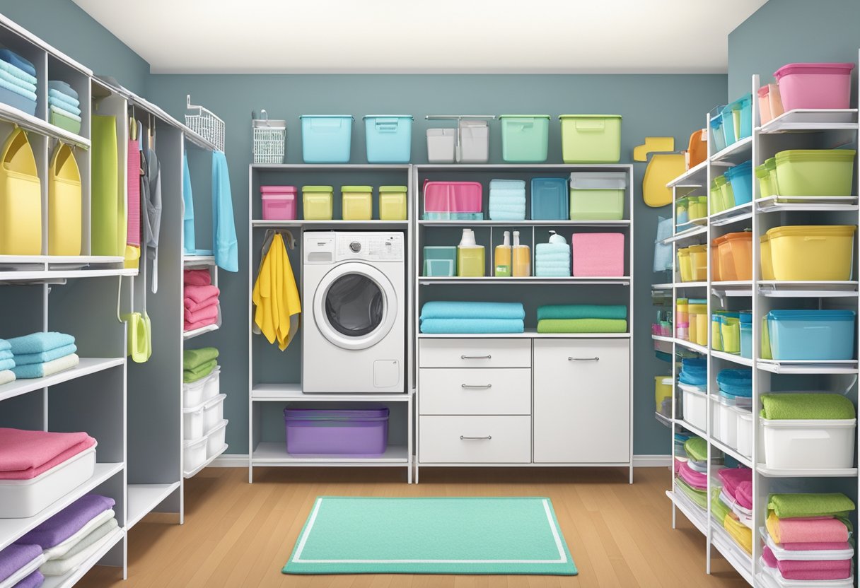 Colorful baskets and labeled bins line the shelves, holding neatly folded towels and organized cleaning supplies. A wall-mounted ironing board and hanging rods maximize space