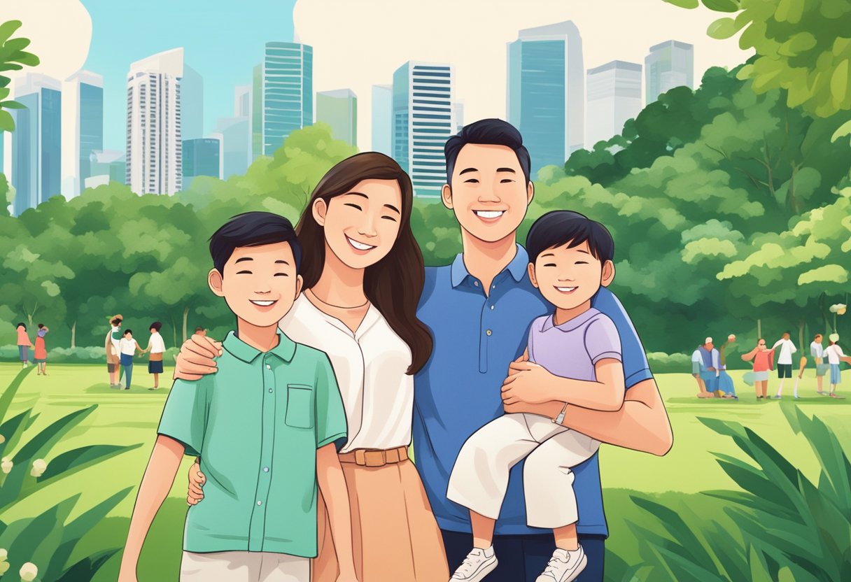 A family of four poses in a lush, green park in Singapore, with the iconic city skyline in the background. They are smiling and embracing each other, capturing a moment of love and happiness