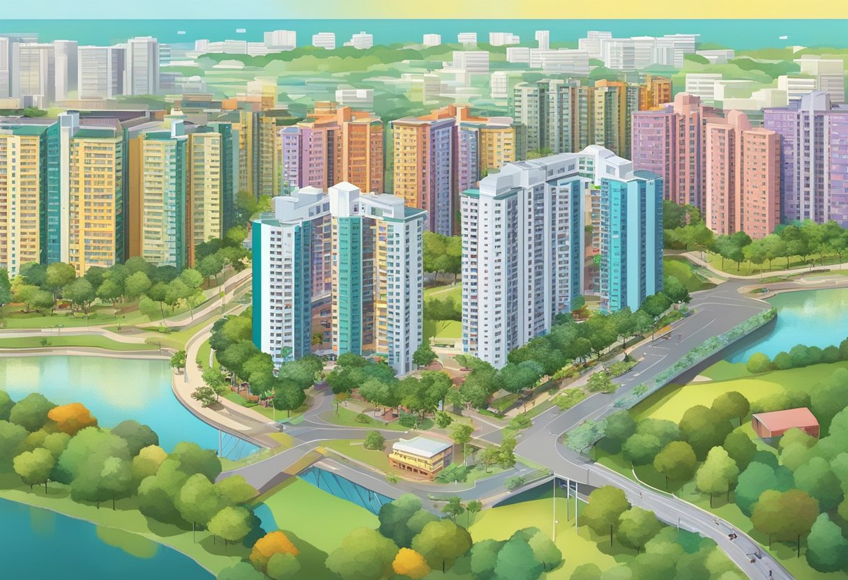 Colorful HDB buildings, bustling hawker centers, and serene waterfront parks in Sengkang, Singapore