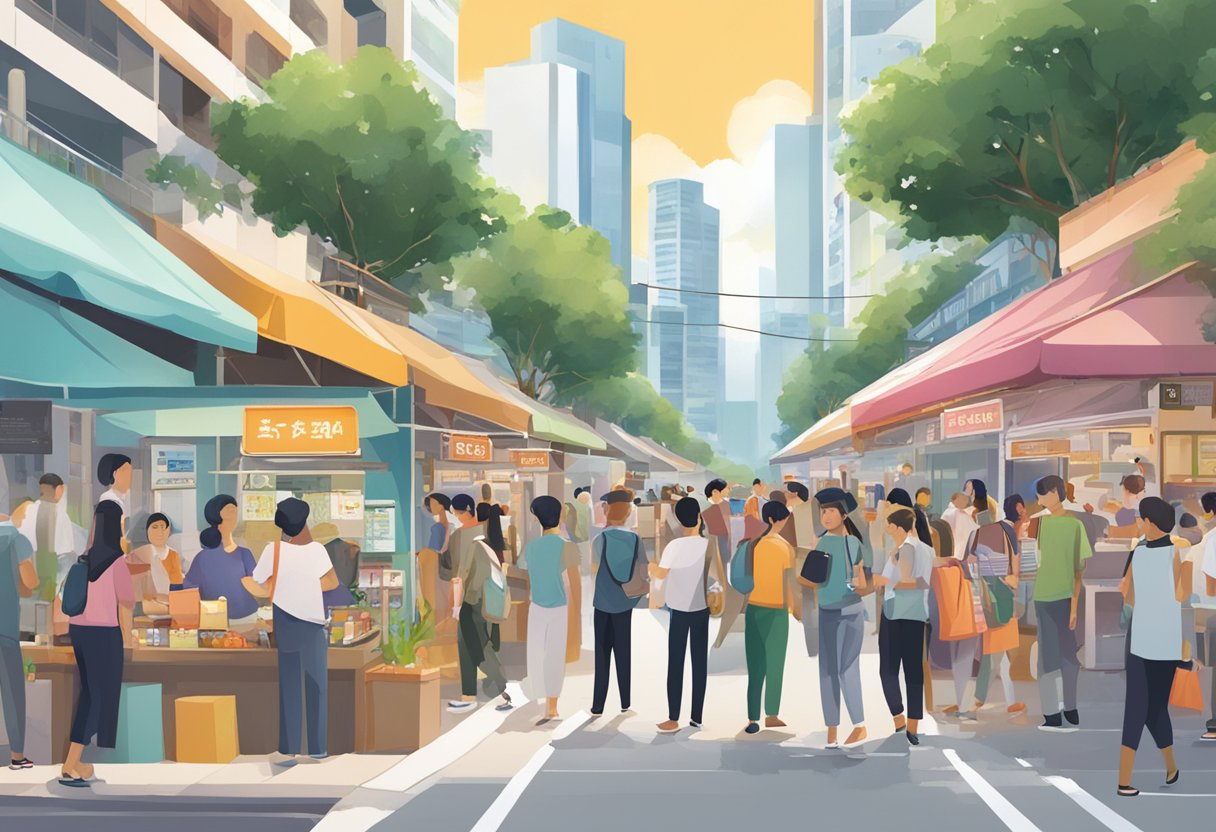 A bustling street in Sengkang, Singapore, with people seeking information at a Frequently Asked Questions booth