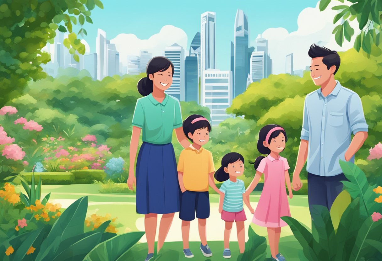 A family stands in a lush garden, with the iconic Singapore skyline in the background. They are smiling and posing naturally, surrounded by vibrant greenery and beautiful architecture