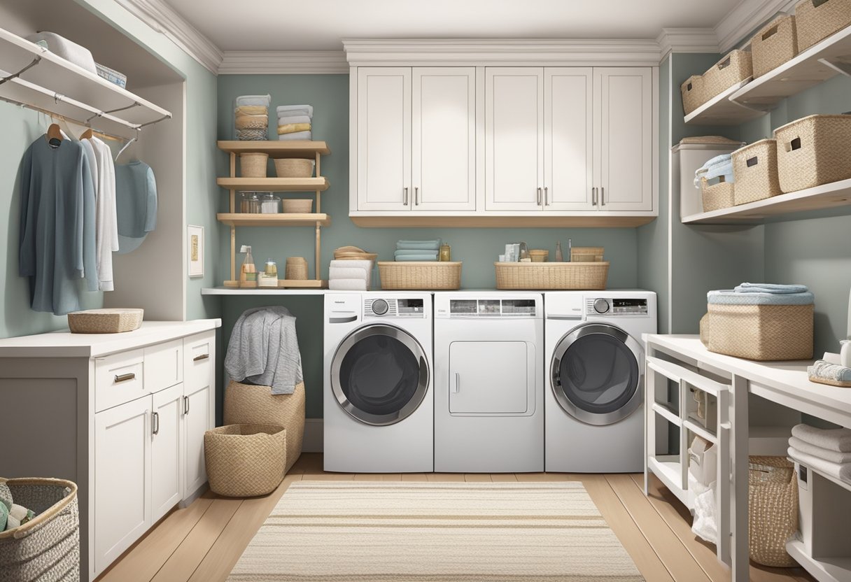 The laundry room is organized with labeled baskets, wall-mounted ironing board, and shelves for detergent and supplies. A cozy rug and decorative touches add a homey feel
