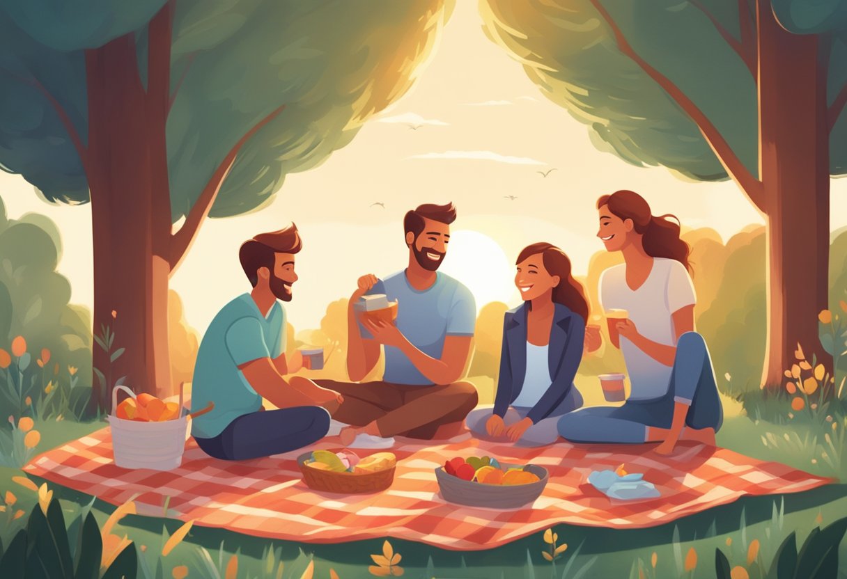 A family of four sits on a picnic blanket in a lush park, smiling and laughing together. The sun is setting, casting a warm glow over the scene