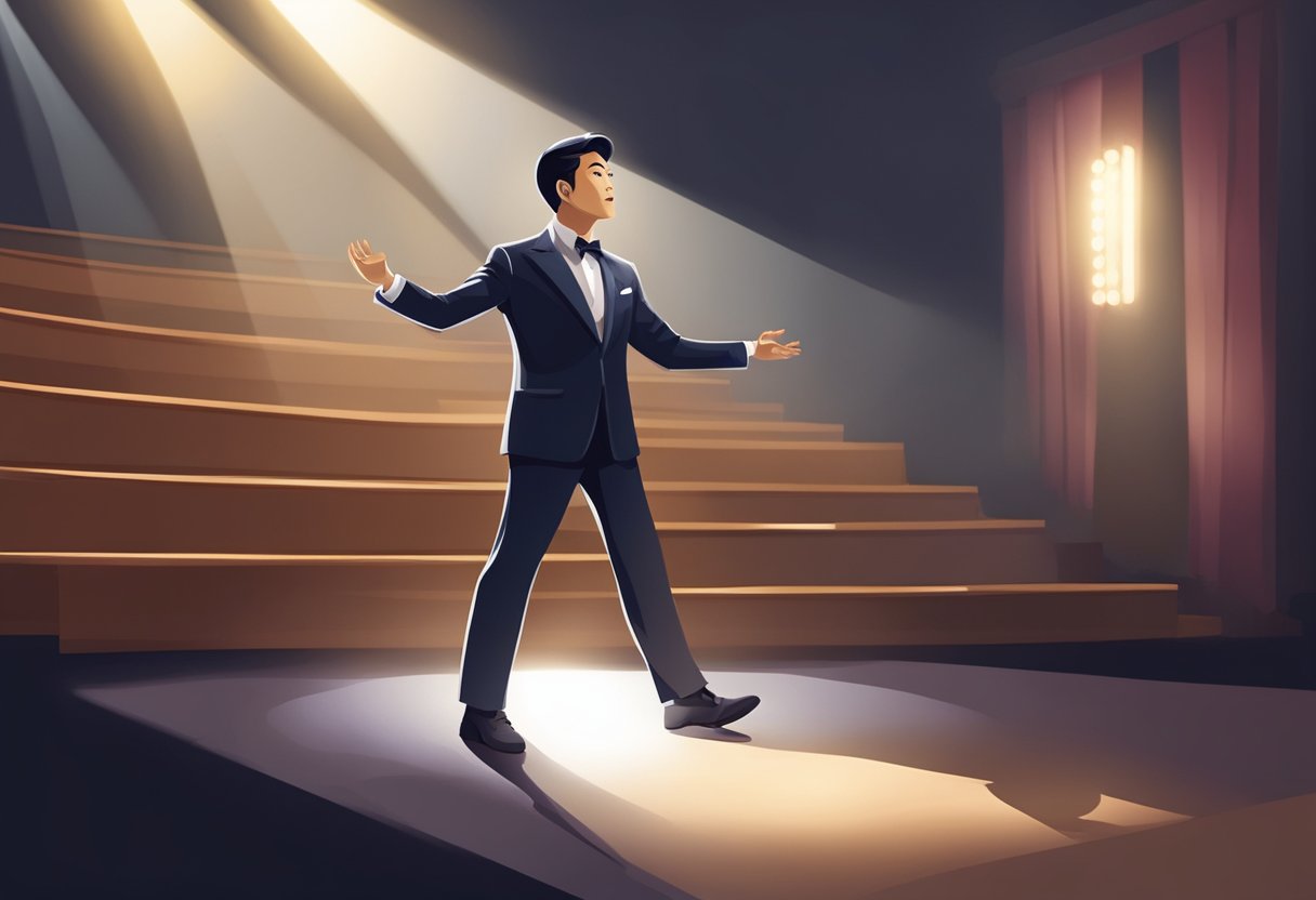 A Singaporean actor standing confidently on a stage, delivering a powerful monologue with passion and emotion. The spotlight shines on him, casting dramatic shadows around the theater