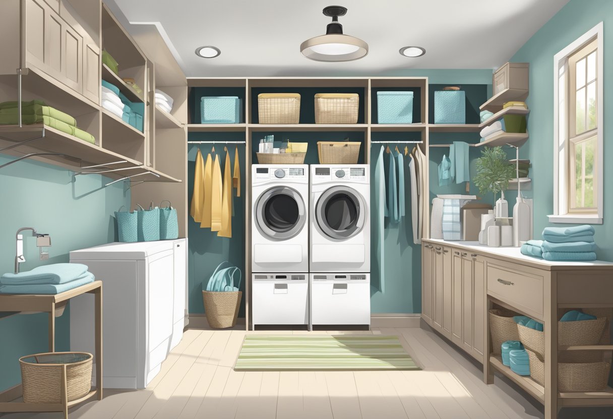 A laundry room with shelves, baskets, and labeled containers for organization. A hanging rod for air-drying clothes and a folding station. Bright, clean, and tailored to personal style
