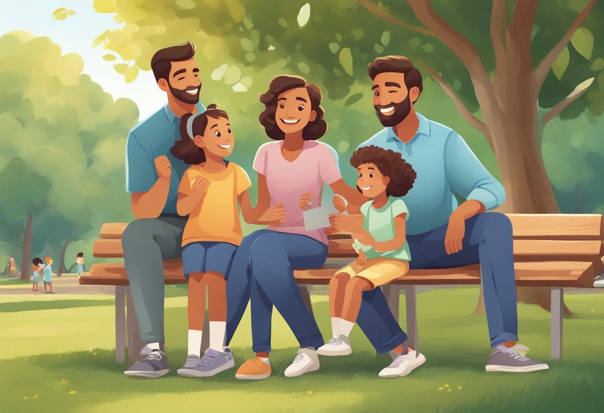 A family of four poses in a park setting, smiling and interacting. The parents hold a "Frequently Asked Questions" sign while the children play nearby