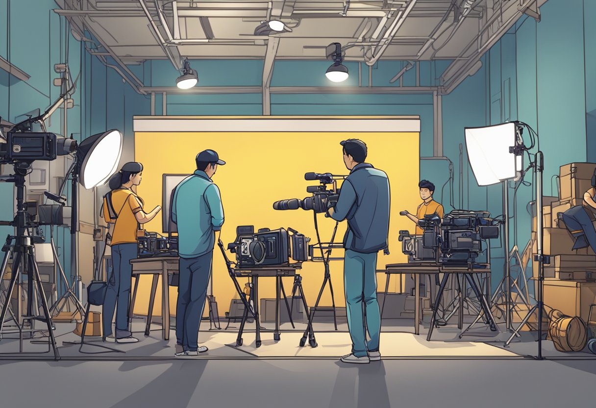 A bustling film studio in Singapore with lights, cameras, and crew preparing for a scene. The actor is in costume, ready for action